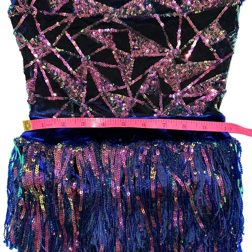 Weissman Showtime Girls ‘Misbehave’ Dance Blue Velvet Sequin Fringe Dress SC